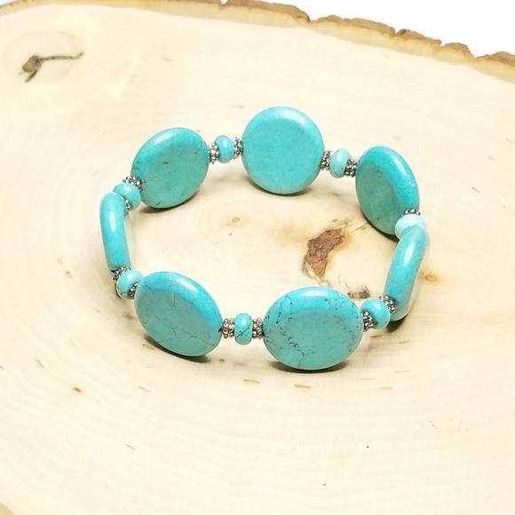 Southwest Blue Faux Turquoise Disc Bead Bracelet - Picture 1 of 5